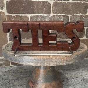 Vintage 70s 80s Solid Wood Gold Metal TIES Necktie Hanging Rack Wall Hook Decor